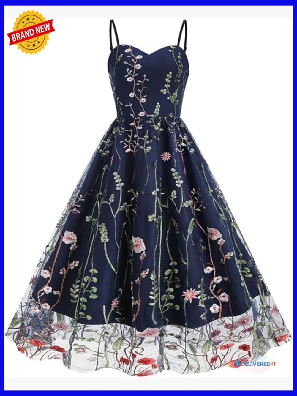 Floral Embroidery Mesh Cocktail Dress Sheer Keyhole Vintage Swing Prom